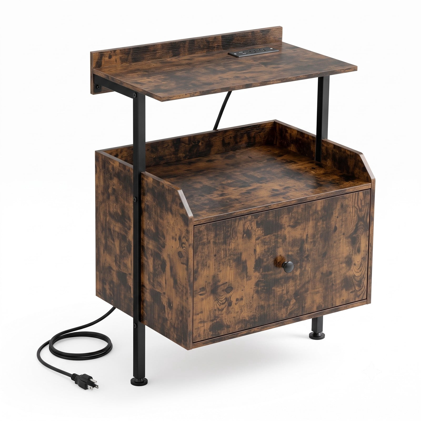 Furnibear Wall-mounted Nightstand with LED Lights and Charging Station, Floating Bedside Table with Open Shelves and Storage Drawer, Rustic Brown