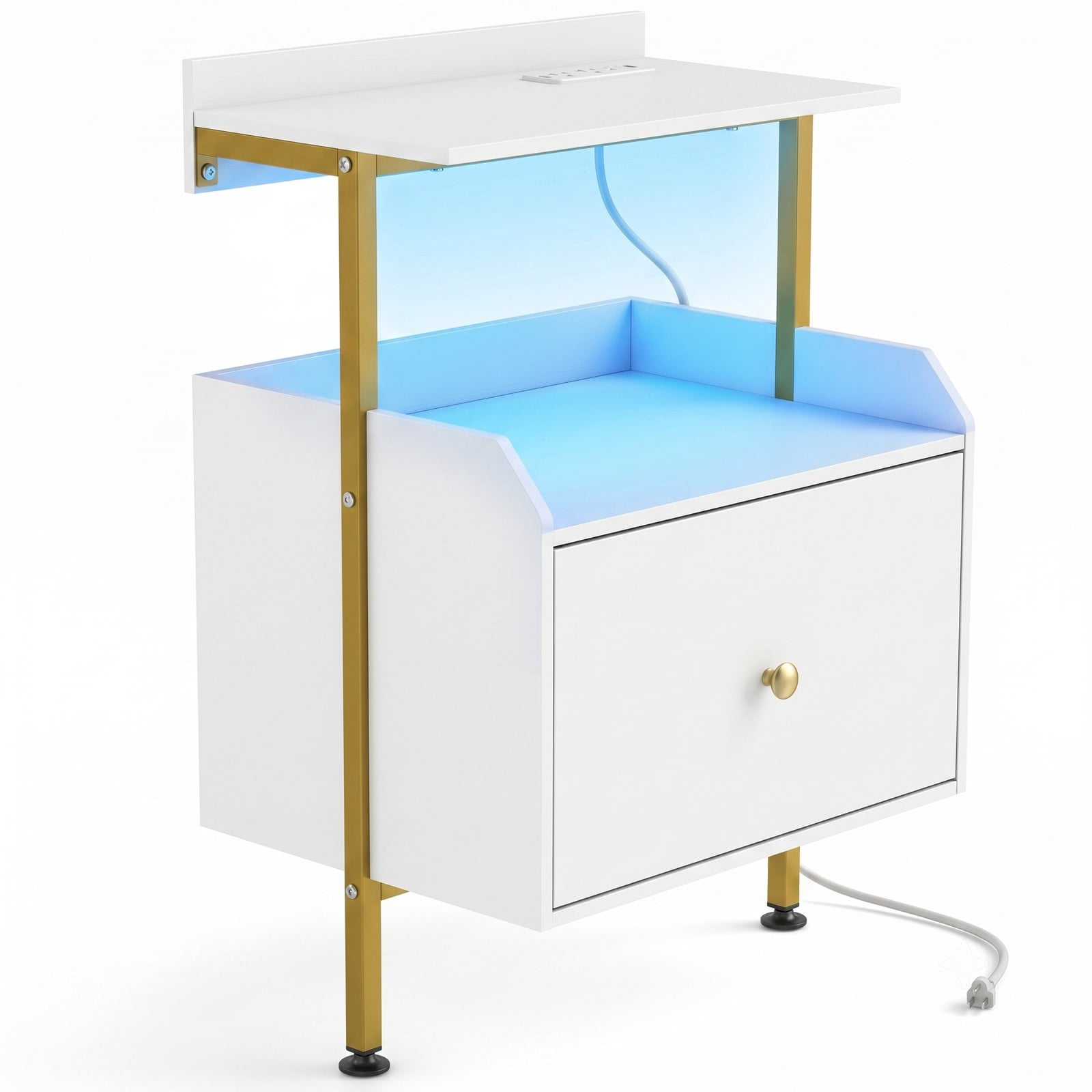 Furnibear Wall-mounted Nightstand with LED Lights and Charging Station, Floating Bedside Table with Open Shelves and Storage Drawer, White