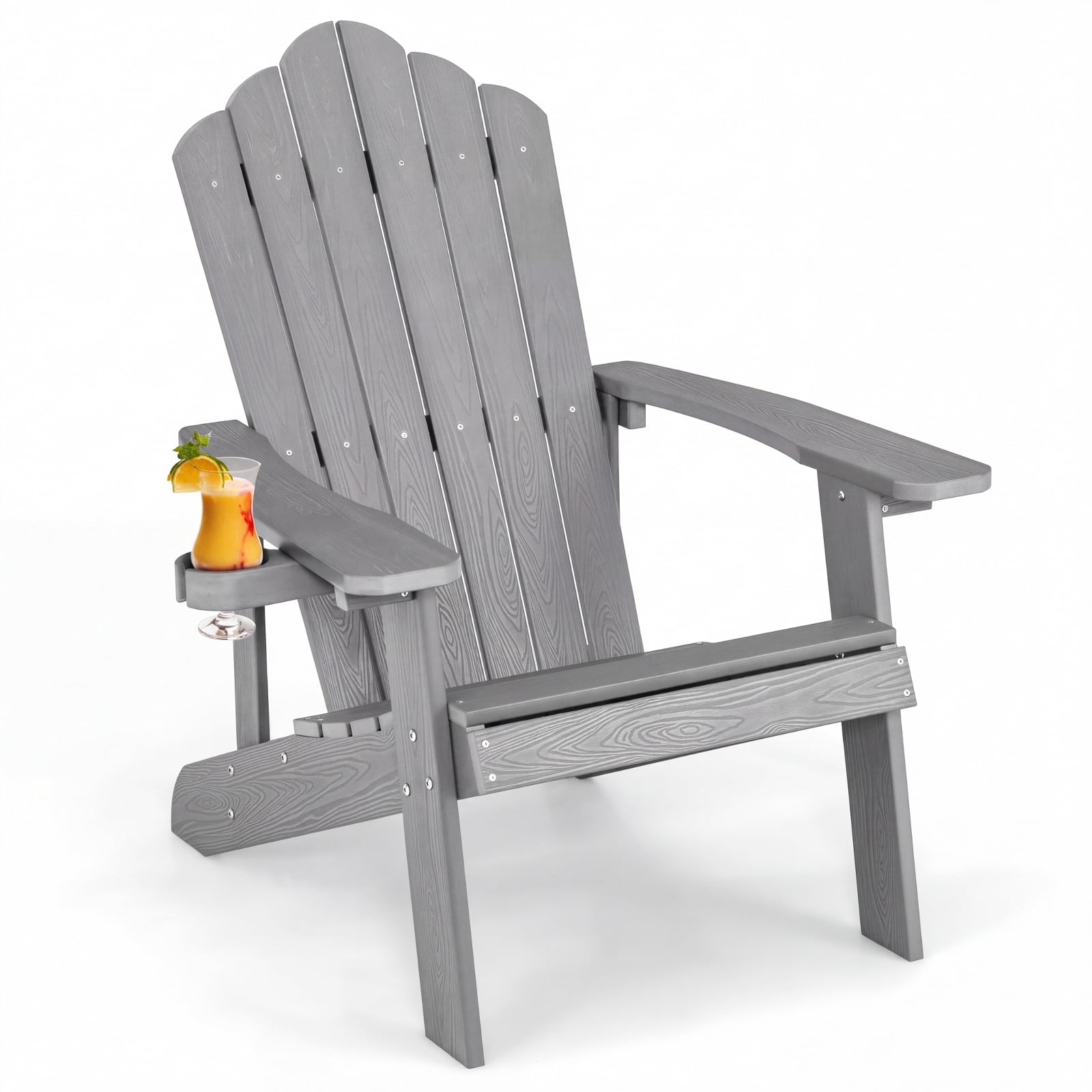 Furnibear Weather Resistant HIPS Outdoor Adirondack Chair with Hidden Cup Holder and High Backrest for Garden Patio and Poolside, Gray