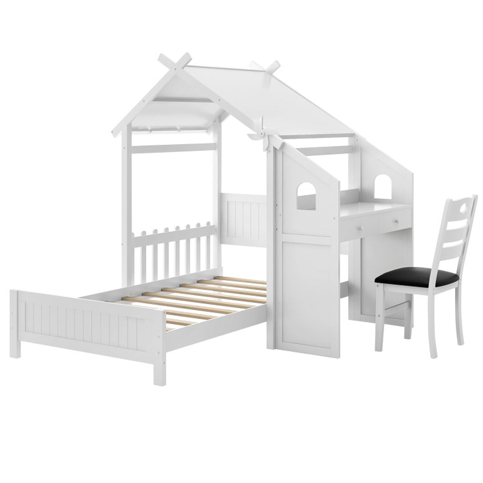 Furnibear White Twin House Bed with Built in Desk 2 Storage Drawers Ergonomic Study Chair Decorative Windmill High Headboard and Protective Fence for Nursery Bedroom