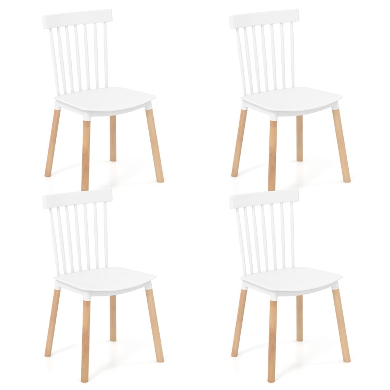 Furnibear Windsor Wood Dining Chairs Set of 4 with Spindle Back and Curved Seat and Beech Wood Legs for Kitchen and Dining Room, White