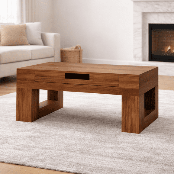 Furnibear Wood Coffee Table,Mid Century Modern Wooden Coffee Tables, Solid Tabletop Rectangle Coffee Table, Center Table for Living Room, Brown