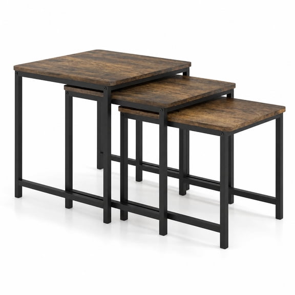 Furnibear Wood Grain Nesting Table Set of 3 with Metal Frame Stackable Side End Tables for Living Room Bedroom and Study, Rustic Brown