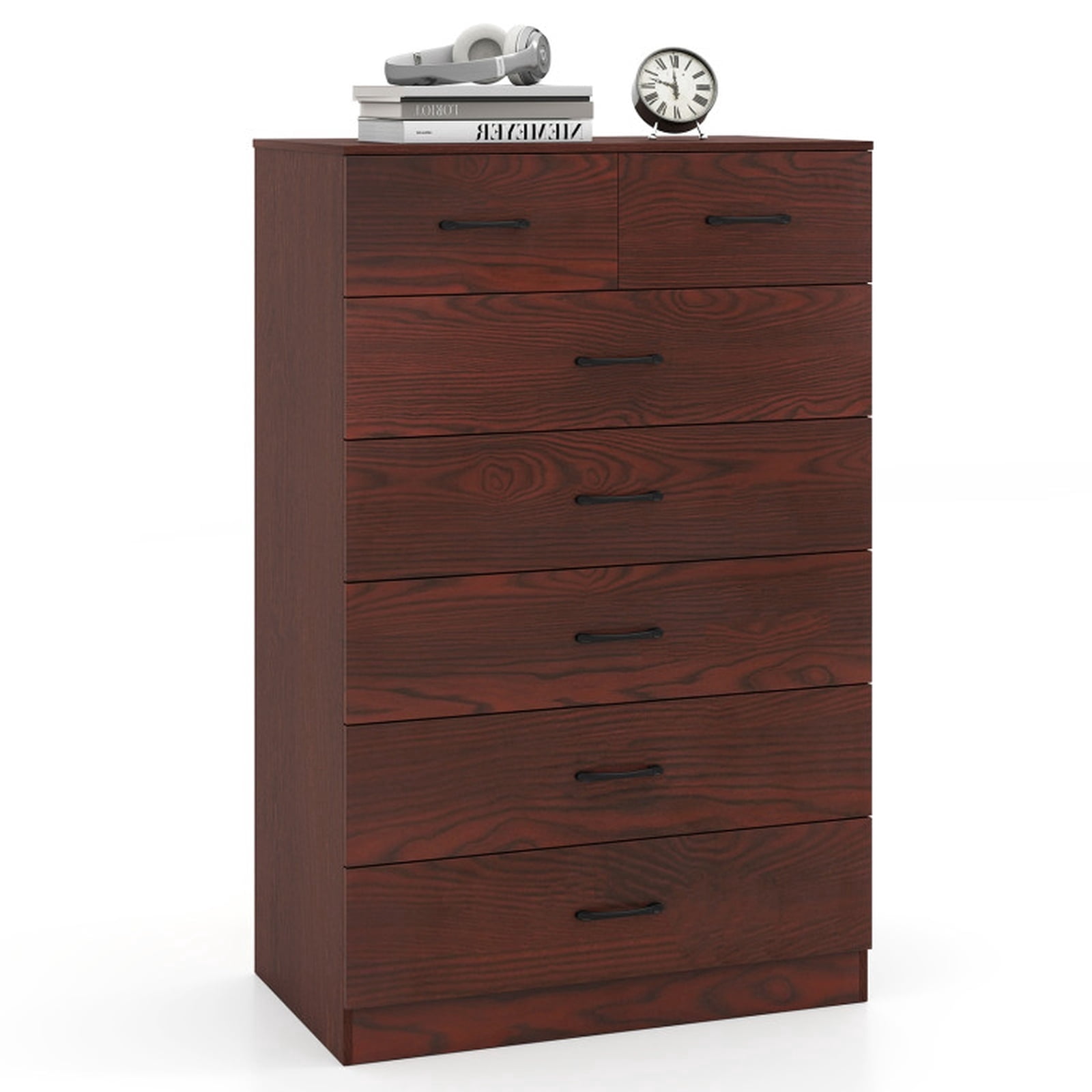 Furnibear 7-Drawer Wooden Chest of Drawers with Anti-Toppling Device and Metal Handles for Bedroom and Home Office, White and Brown