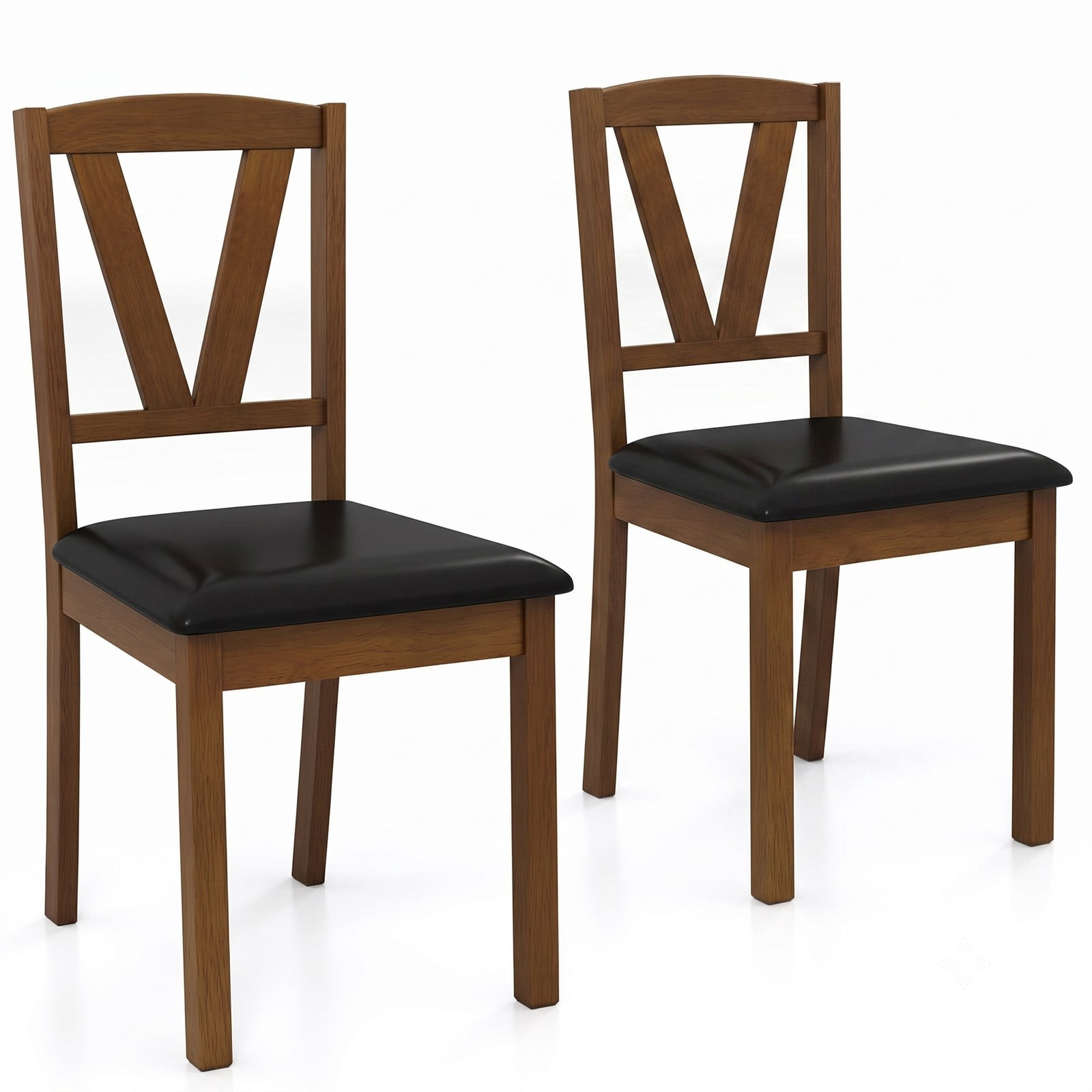 Furnibear Wooden Dining Chair Set of 2, PU Leather Upholstered Kitchen Side Chairs with Rubber Wood Frame, V-Shaped Backrest, Padded Seat for Home Restaurant, Brown