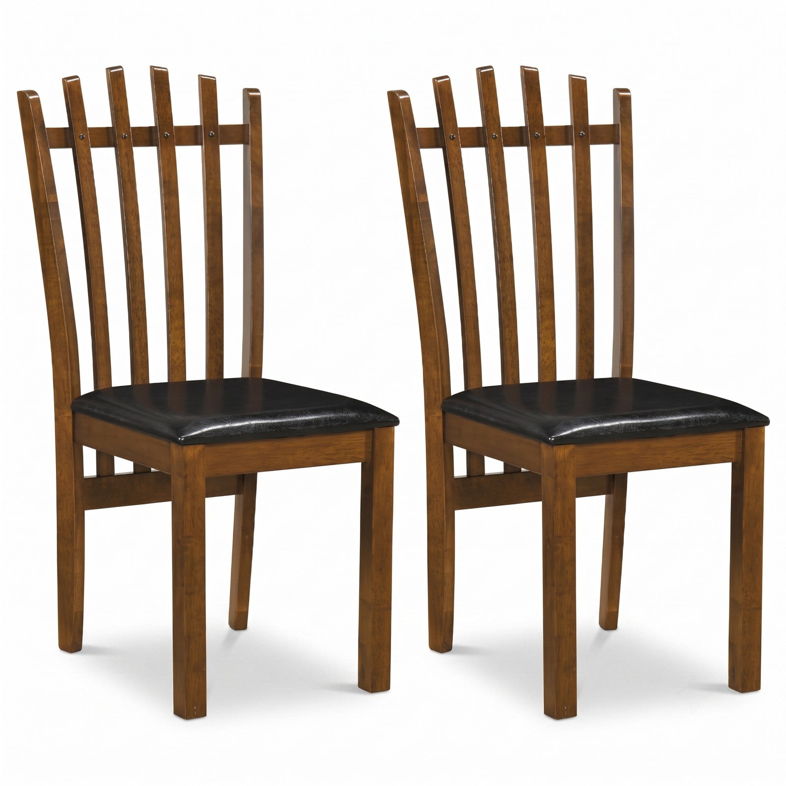 Furnibear Wooden Dining Chair Set of 2 Spindle Back Kitchen Chairs with PU Leather Padded Seat, Solid Rubber Wood Armless Side Chairs for Dining Room, Walnut & Black