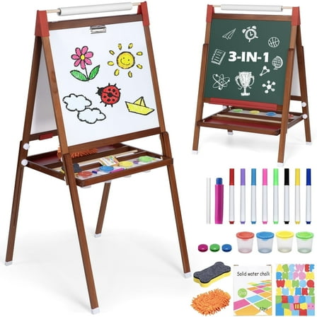 Furnibear Wooden Height-Adjustable Kids Art Easel (Fits Ages 3-12) - Double-Sided Magnetic Board (Dry Erase Whiteboard + Chalkboard), Smooth Burr-Free, Easy to Clean, Natural wood color