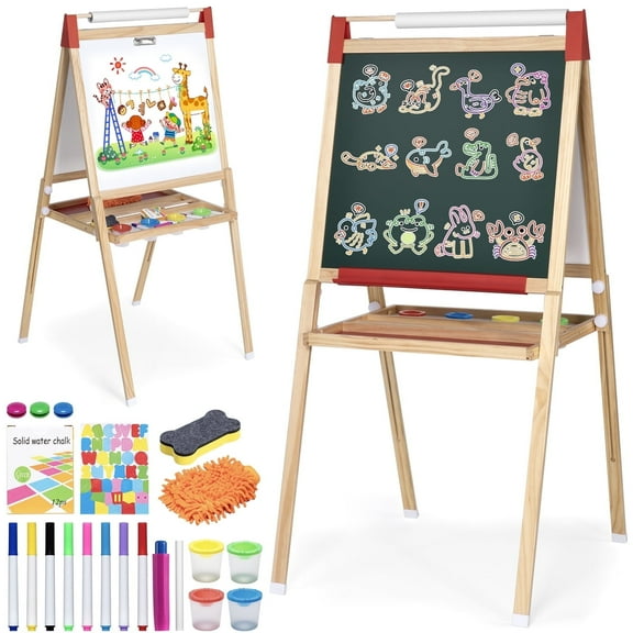 Furnibear Wooden Height-Adjustable Kids Art Easel (Fits Ages 3-12) - Double-Sided Magnetic Board (Dry Erase Whiteboard + Chalkboard), Smooth Burr-Free, Easy to Clean, Wood color