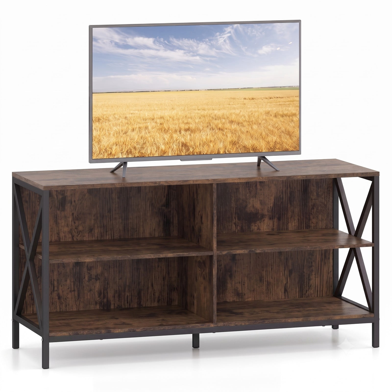 Furnibear Wooden TV Stand Entertainment Center for TVs up to 55 Inch, X-Shaped Metal Frame Media Console with Open Storage Shelves for Living Room, Rustic Brown & Black