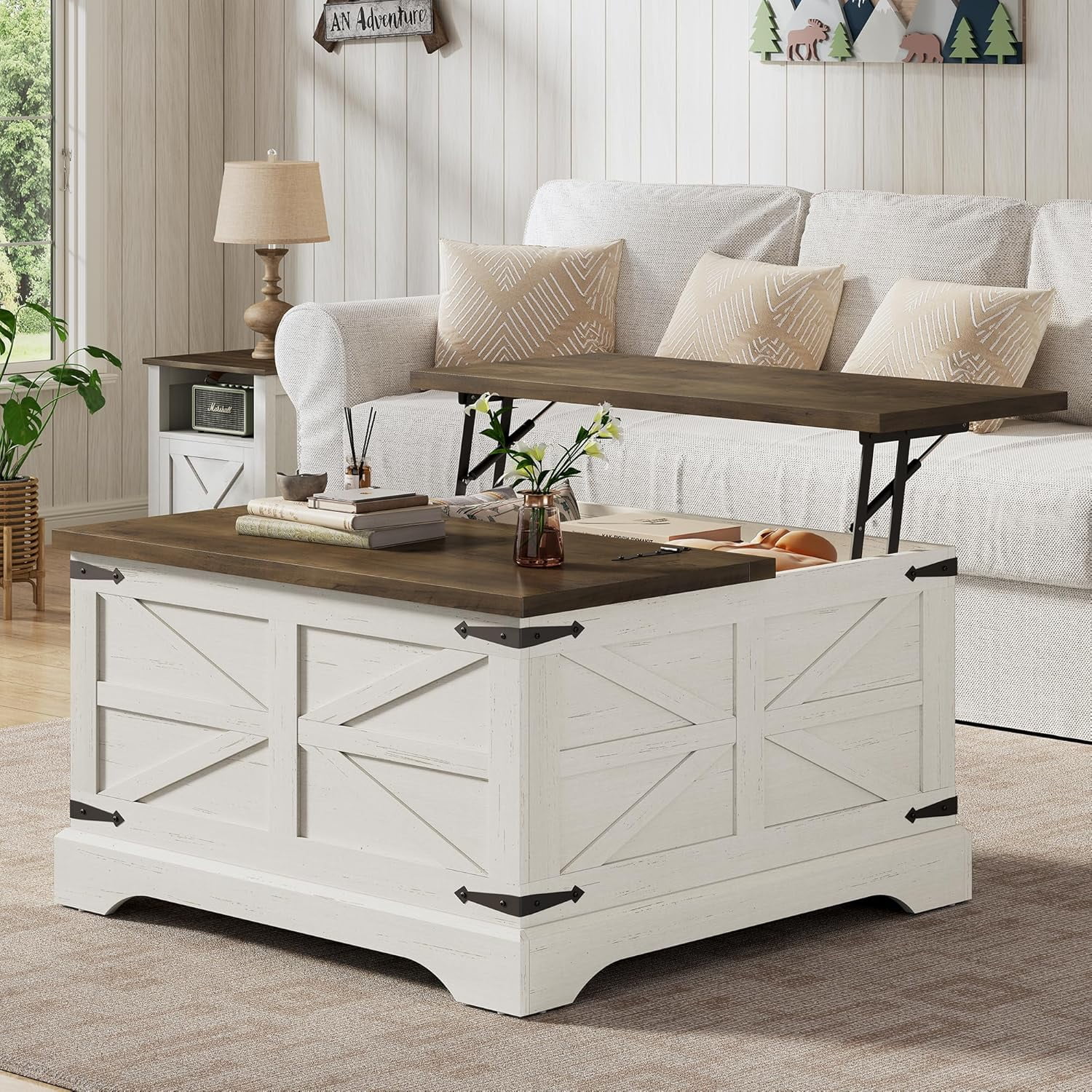 Farmhouse Lift Top Coffee Table - White, Square, Barn Door, Hidden Storage, Adjustable Shelf 7 thumbnail image