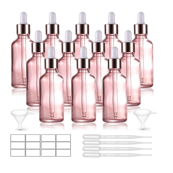 Furnido 12 Pack 1.7 Oz Pink Glass Dropper Bottles with Pipettes Funnel and Labels for Essential Oils Perfumes and DIY Samples