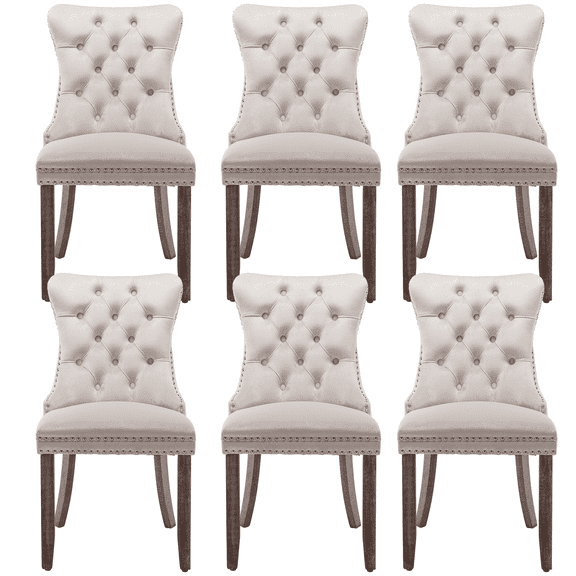 Furnieka Mid Century Modern Velvet Button Tufted Dining Side Chairs, Beige (Set of 6)