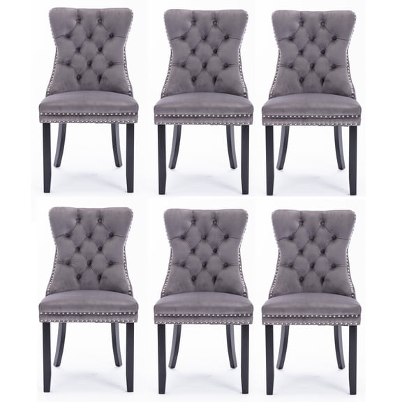 Furnieka Set of 6 Dining Chairs Leisure Padded Chair, Tufted Solid Wood Velvet Upholstered Dining Chair with Nailhead Trim& Ring Pull for Kitchen, Living Room, Gray