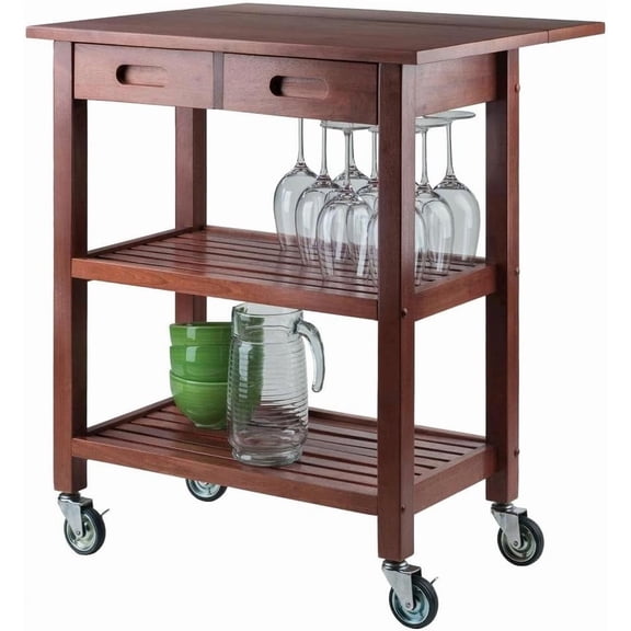 Furnifact Kitchen Cart, Drop Leaf Extension, Slatted Shelf, 2 Locking Casters, Solid Composite Wood, Brown