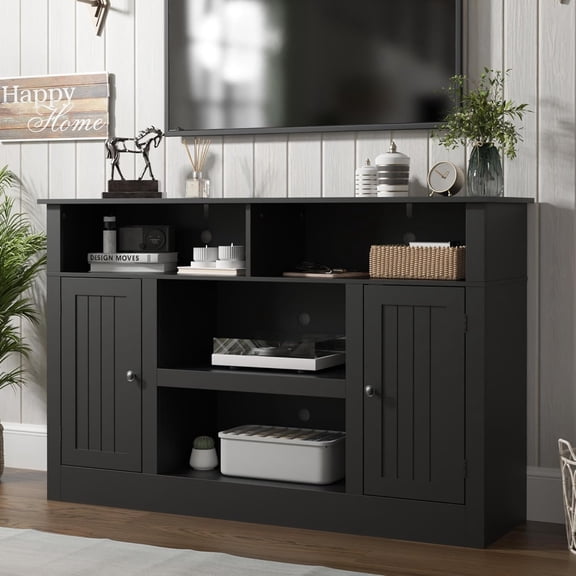 Furnify Farmhouse TV Stand for 65 inch TV, Modern Entertainment Center for 55/60/65 inch TV, with 2 Doors and Storage Cabinets, Console Table and Media Furniture for Living Room, 55 Inch, Black