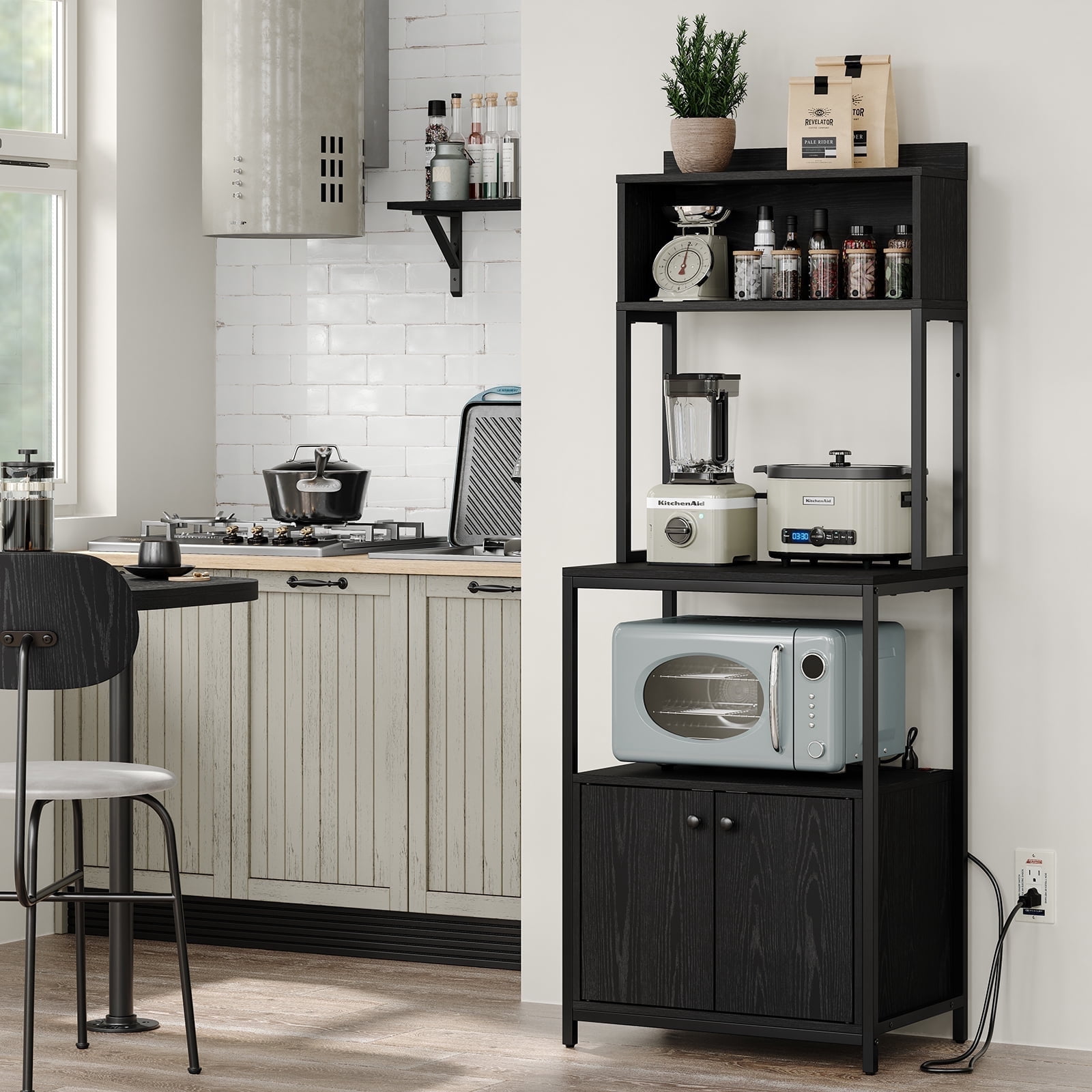 Furnihold 23.1''W Kitchen Bakers Rack with Outlets and Microwave Stand, 5 Tiers Coffee Bar with Storage Cabinet, Black