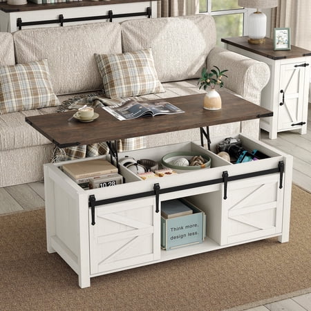 Furnihold 47.3''W Lift Top Coffee Table with Storage, Center Table with Sliding Barn Doors, Farmhouse Wood Rectangle Coffee Table for Living Room Home Office, Brown Top
