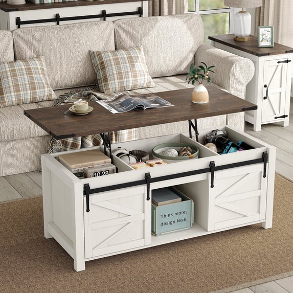 Furnihold 47.3''W Lift Top Coffee Table with Storage, Center Table with Sliding Barn Doors, Farmhouse Wood Rectangle Coffee Table for Living Room Home Office, Brown Top