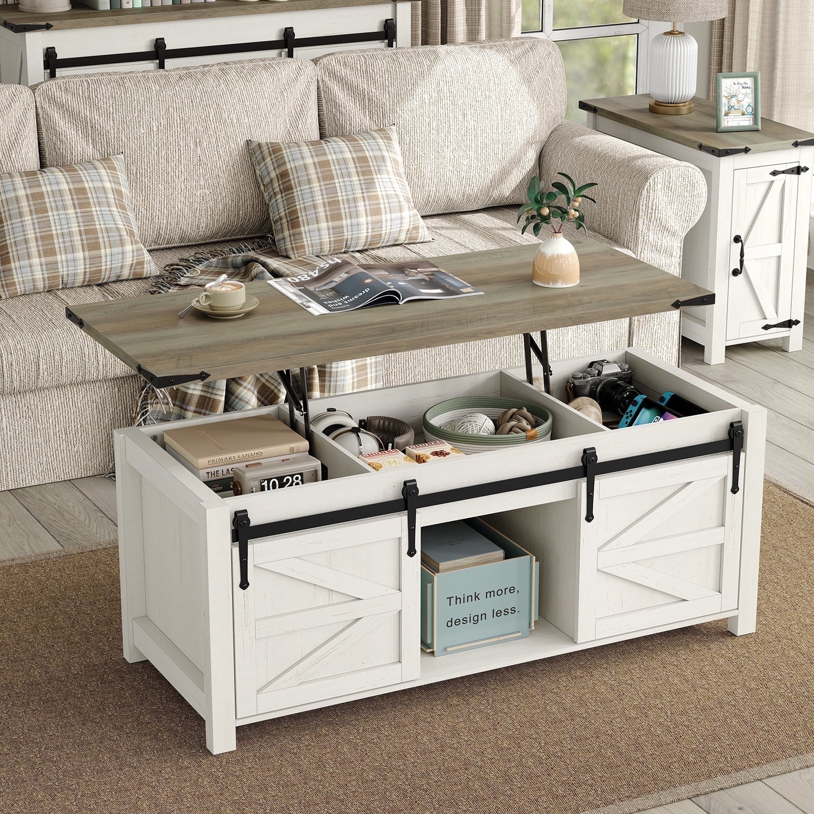 Furnihold 47.3''Lift Top Coffee Table, Farmhouse Center Table with Large Storage & Sliding Barn Doors, Modern Rectangular White Cocktail Table for Living Room, Grey Top