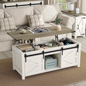 Furnihold 47.3''Lift Top Coffee Table, Farmhouse Center Table with Large Storage & Sliding Barn Doors, Modern Rectangular White Cocktail Table for Living Room, Grey Top
