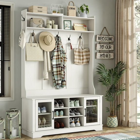 Furnihold 47.3" Wide Hall Tree with Bench and Shoe Storage, 4-in-1 Design Coat Rack for Entryway, Glass Door Farmhouse Wooden Style, Antique White