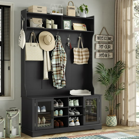 Furnihold 47.3" Wide Hall Tree with Bench and Shoe Storage, 4-in-1 Design Coat Rack for Entryway, Glass Door Farmhouse Wooden Style, Black