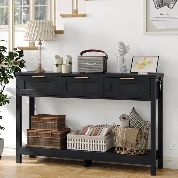 Furnihold 51.2"W Rattan Console Table with Power Outlet, Wood Boho Entry Table with 3 Drawer for Living Room, Black