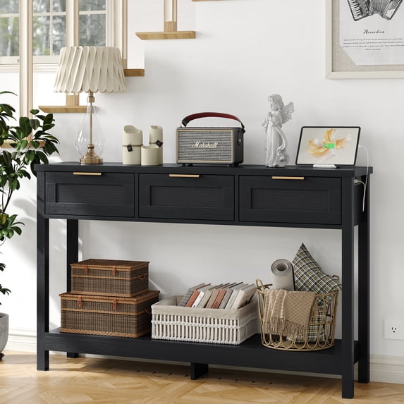 Furnihold 51.2"W Rattan Console Table with Power Outlet, Wood Boho Entry Table with 3 Drawer for Living Room, Black