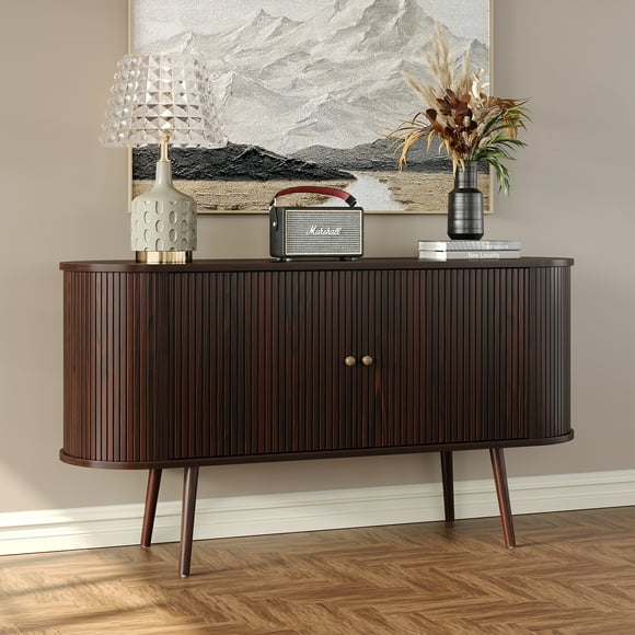 Furnihold 54.4''W Buffet Cabinet with Storage Fluted Sideboard Cabinet with Doors & 4 Shelf Storage for Living Room, Hallway, Kitchen, Mahogany