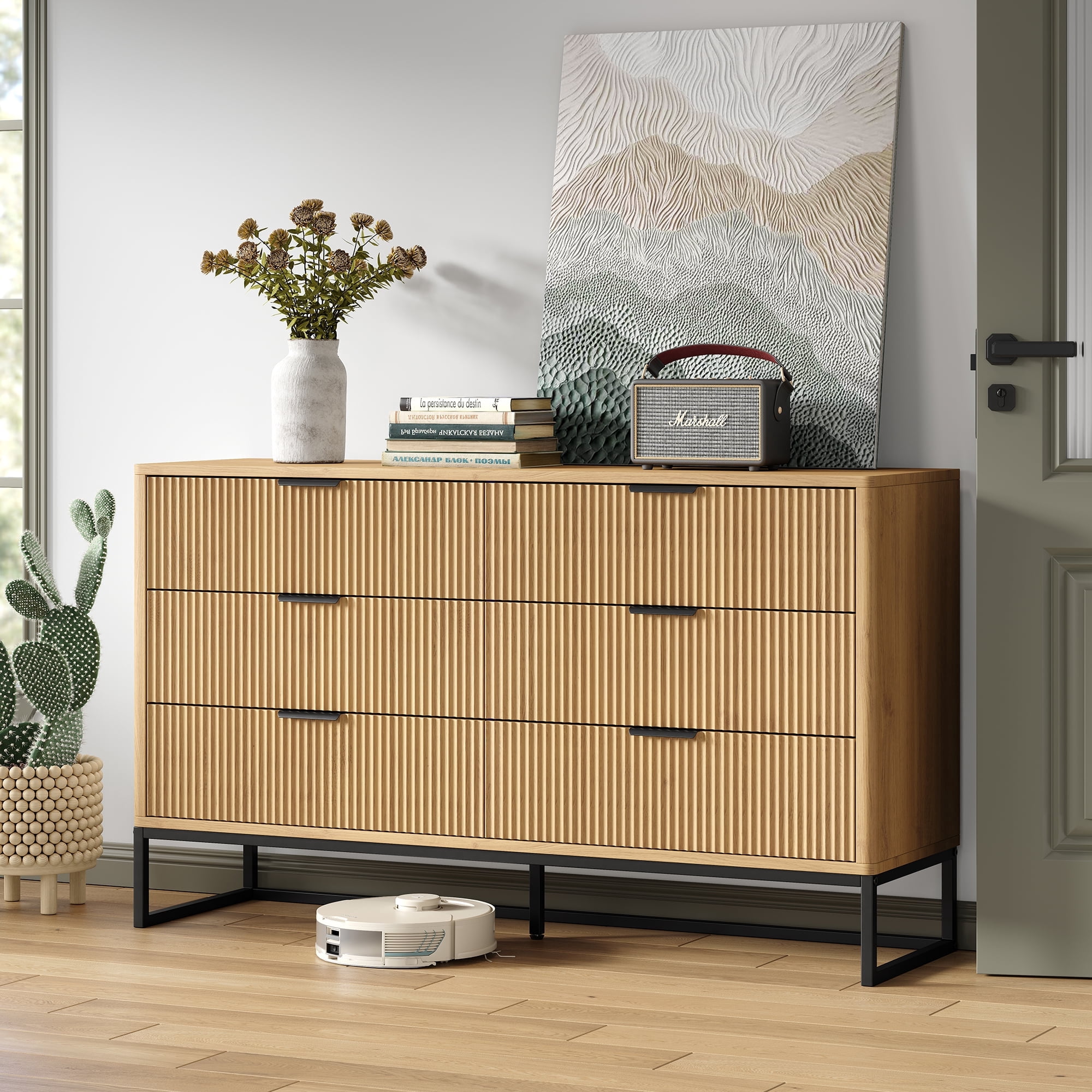 Furnihold 54''W Fluted 6 Drawer Dresser Modern Dresser for Closet Wood Chest of Drawers for Bedroom, Living Room
