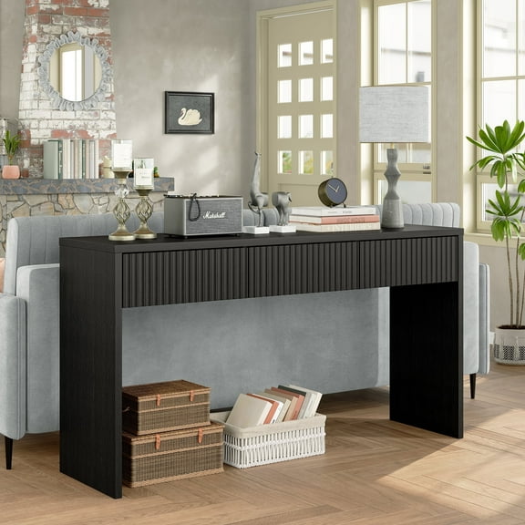Furnihold 55"W Fluted Console Table with 3 Drawers, Narrow Long Entryway Table for Hallway, Living Room, Black