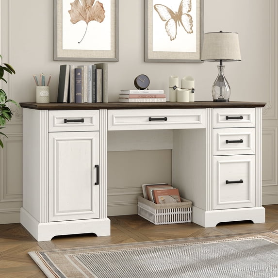 Furnihold 58"W Executive Desk with Outlet and 5 Drawers, Farmhouse Computer Desk, Off White Wooden Home Office Desk, Workspace for Work Study Writing, Brown Tabletop