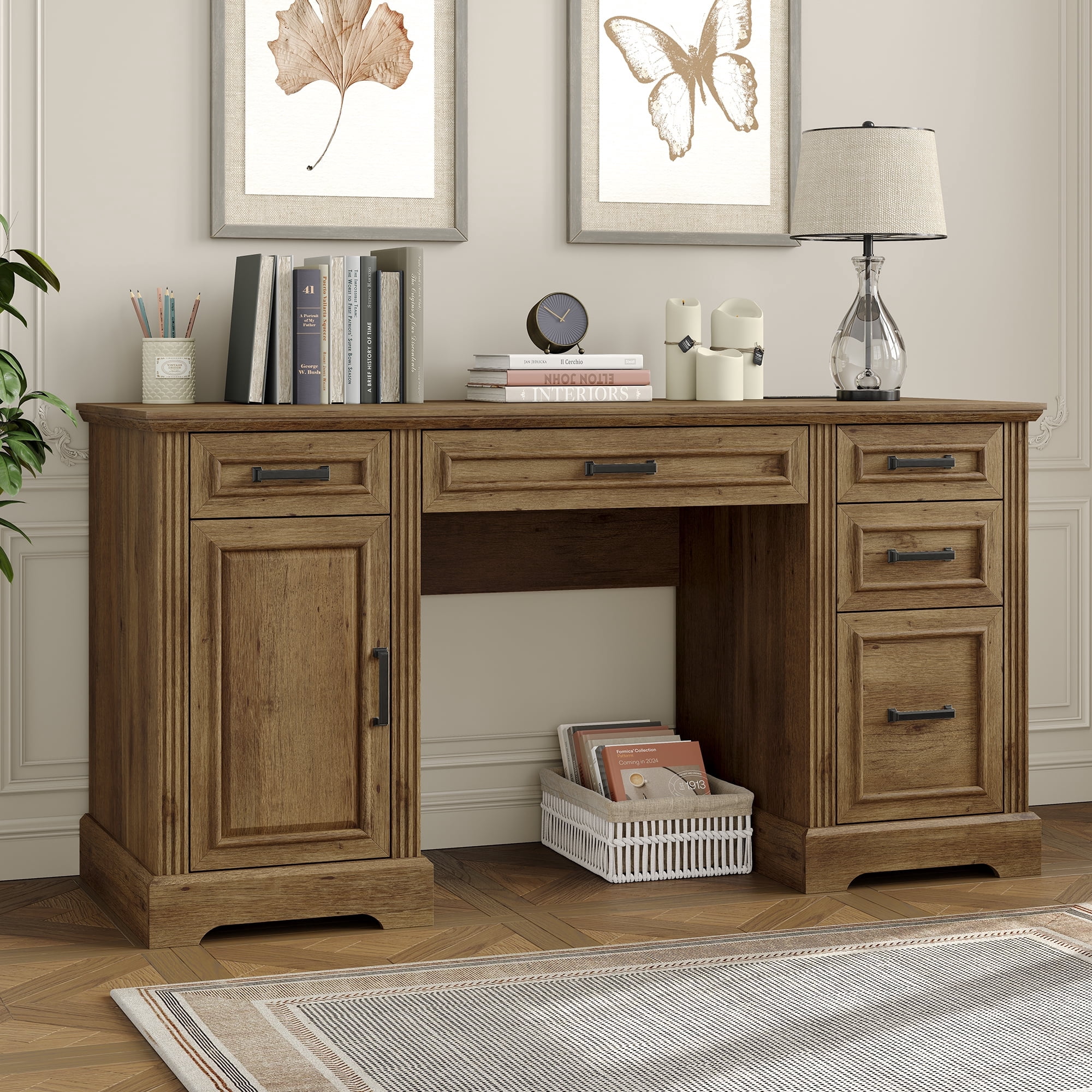 Furnihold 58"W Executive Desk with Outlet and 5 Drawers, Farmhouse Computer Desk, Wooden Home Office Desk, Workspace for Work Study Writing, Brown