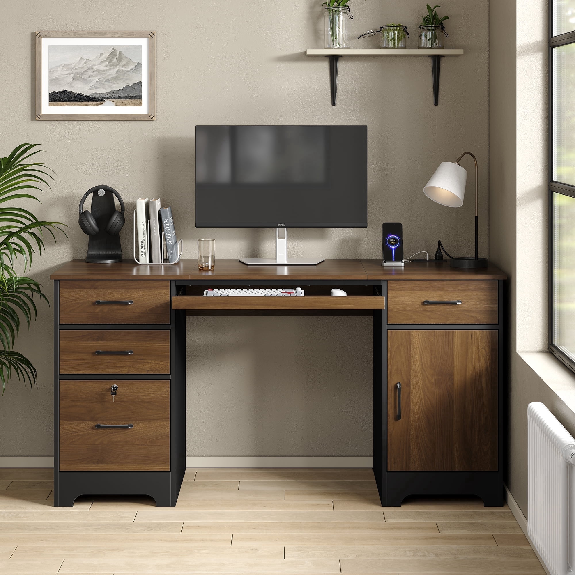 PC　DESK　LOW　90cm ブラウン Ktaxon Brown Computer Desk, Home Office Study Table, 3 Drawers