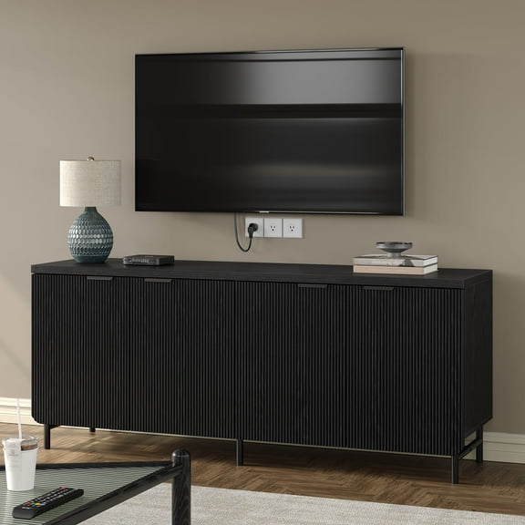 Furnihold 66.2''W Large Fluted Buffet Cabinet with 4 Doors & Shelves Wood Sideboard Buffet Table Storage Cabinet Modern Accent Console for Living Room, Black