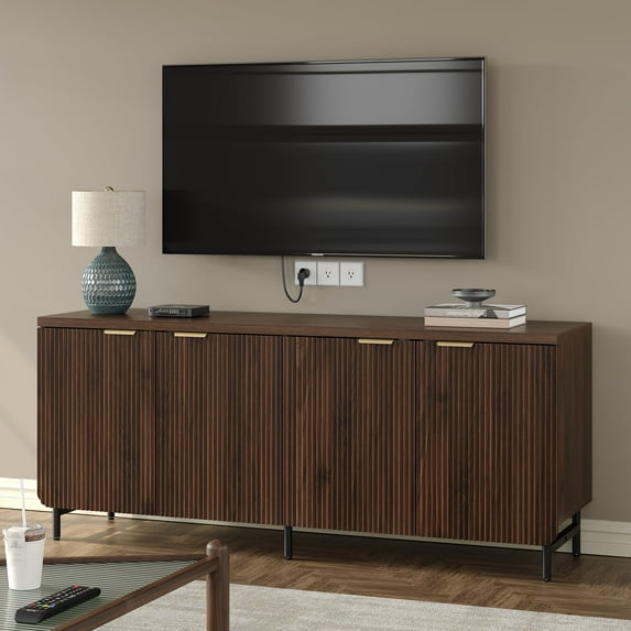 Furnihold 66.2''W Large Fluted Buffet Cabinet with 4 Doors & Shelves Wood Sideboard Buffet Table Storage Cabinet Modern Accent Console for Living Room, Walnut