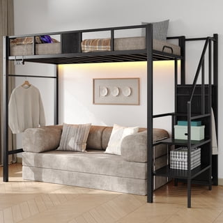 Furnihold Twin Size Metal Loft Bed Frame with Storage Stairs and Wardrobe, Loft Bed with USB Port & Led, Guardrail, for Bedroom, Black