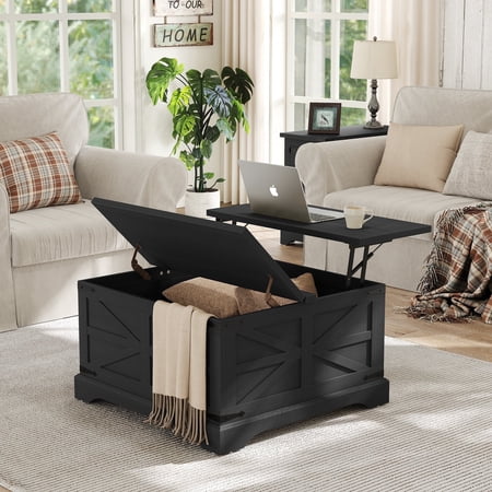 Furnihold Farmhouse Lift Top Coffee Table Black Square Coffee Table with Storage Rustic Wood Center Table for Living Room Home, Black