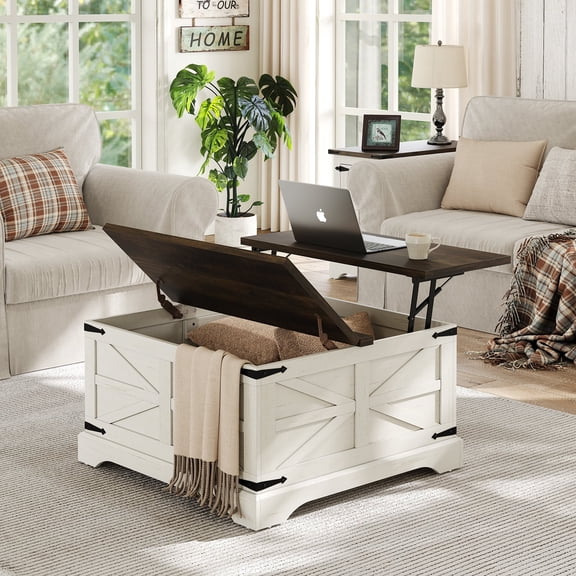 Furnihold Farmhouse Lift Top Coffee Table, Square Wood Center Table with Large Hidden Storage Compartment for Living Room, Rustic Cocktail White Modern Table with Hinged Lift Top, Brown Top
