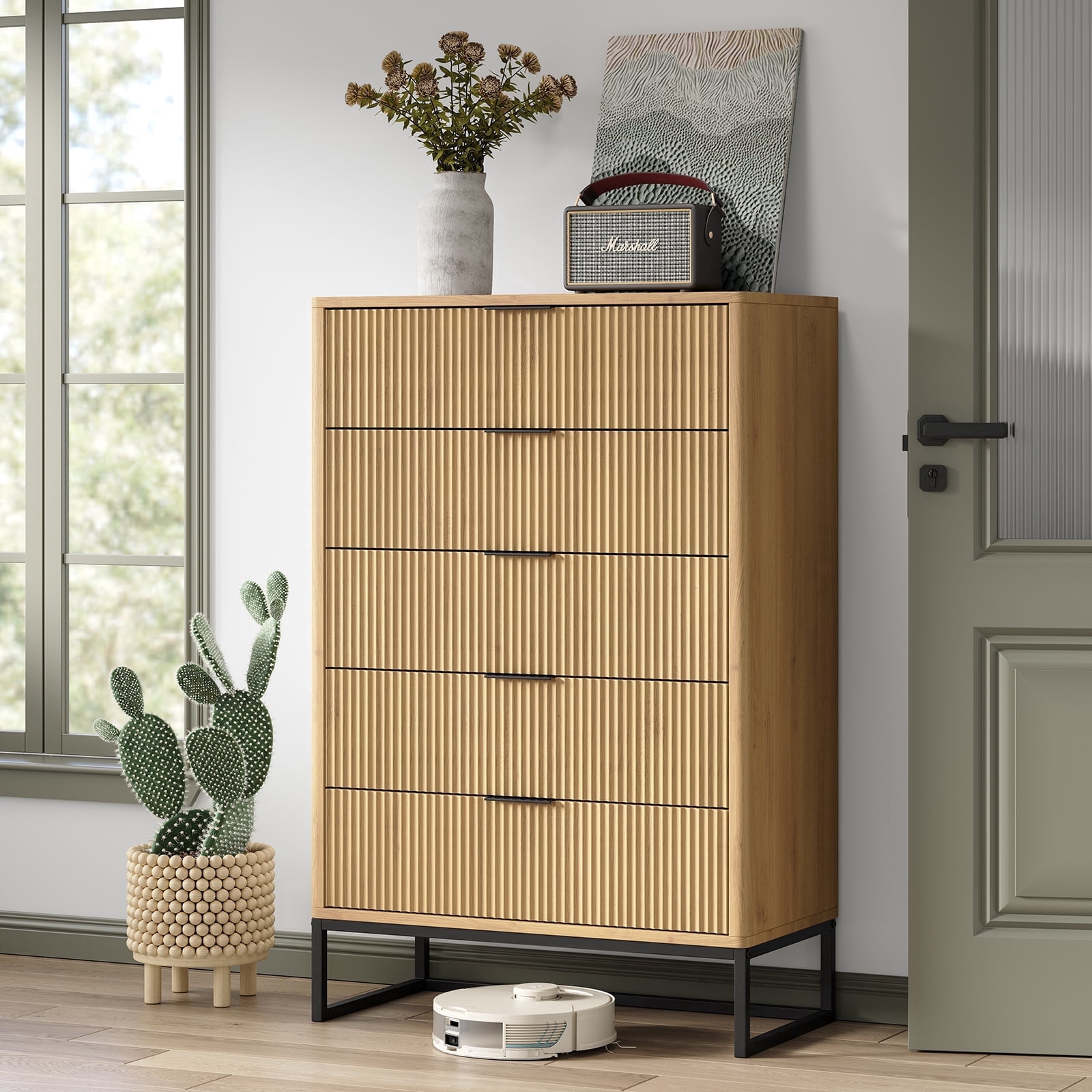 Furnihold Fluted 5 Drawers Dresser,Storage Drawers,Modern Closet Dressers Chest of Drawers, Wood Storage Dresser Organizer for Bedroom