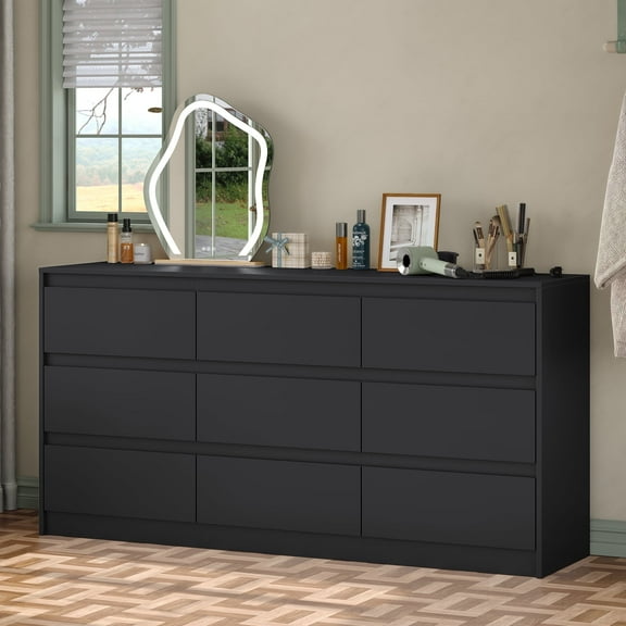Furnihold Large 9-drawers Dresser For Bedroom, Modern 63"W Double Dresser for Closet, Black
