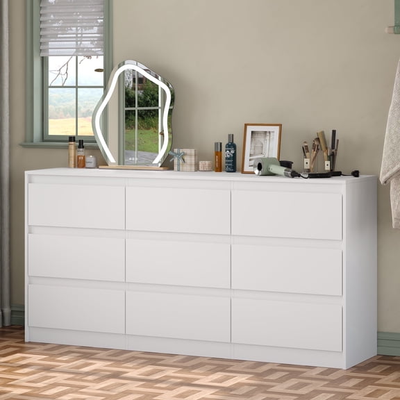Furnihold Large 9-drawers Dresser For Bedroom, Modern 59.1"W Double Dresser for Closet, White