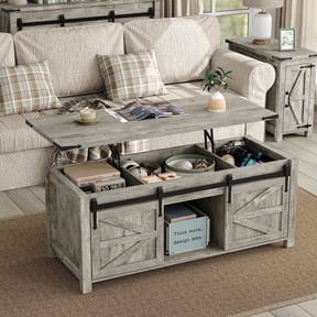 Furnihold Lift Top Coffee Table with Storage 47.3''W Farmhouse Coffee Table with Sliding Barn Door, Modern Rectangular Wood Table for Home, Office, Rustic Gray