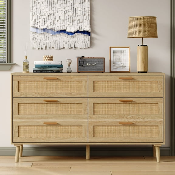 Furnihold Rattan Dresser for Bedroom 47.3''W 6 Drawer Dresser Modern Dressers & Chests Wood Natural Dresser Beside Table for Living Room, Hallway