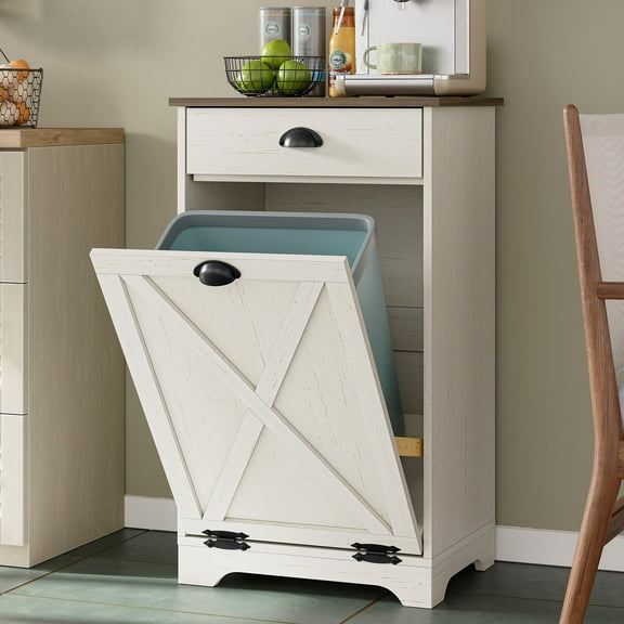 Furnihold Single Tilt Out Trash Can Cabinet with Drawer, 10 Gallon Wood Garbage Cabinet for Kitchen, Antique White