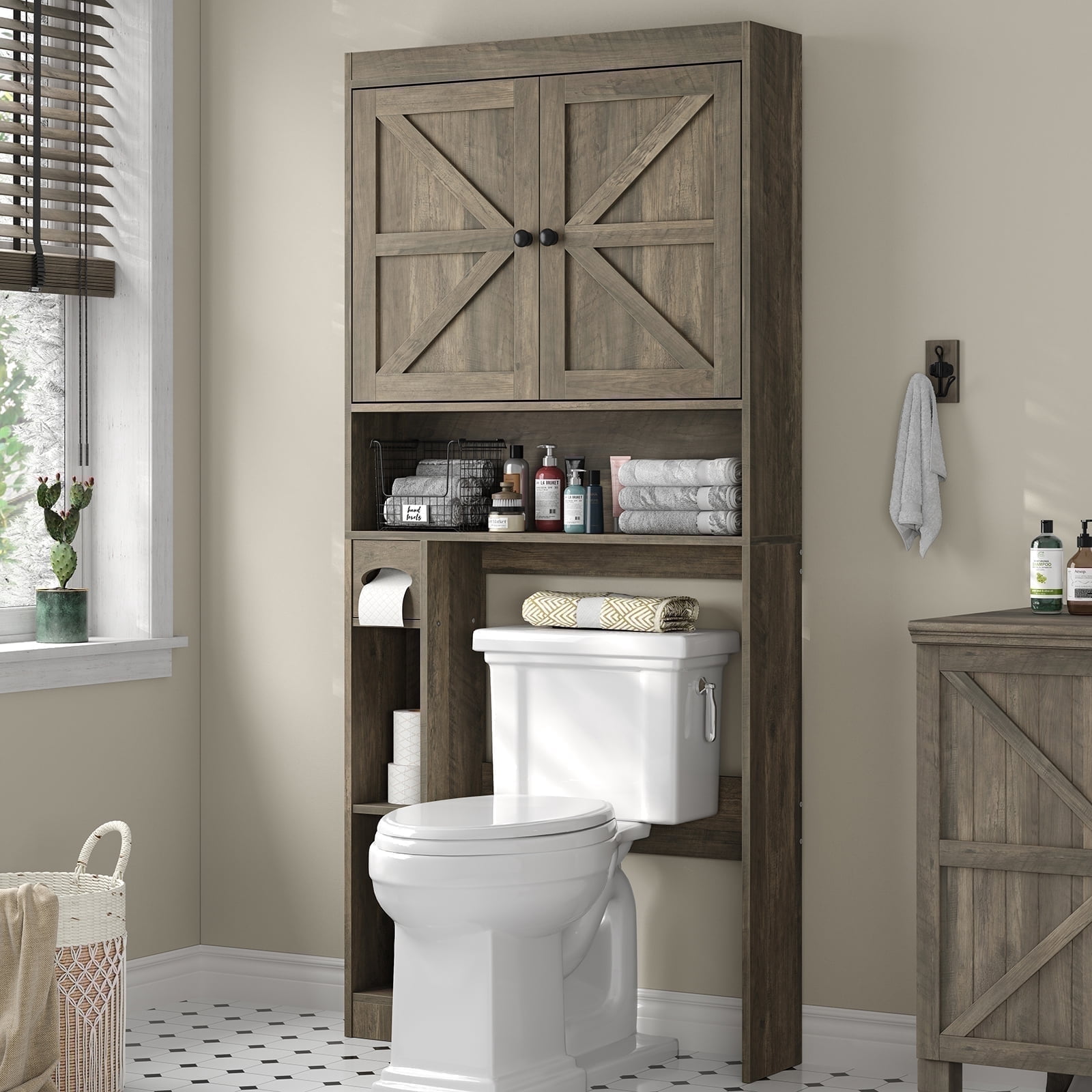 Furnihold Over The Toilet Storage Cabinet with Barn Doors, 32.3''W Farmhouse Bathroom Over Toilet Shelf Space Saver with Toilet Paper Holder, Gray