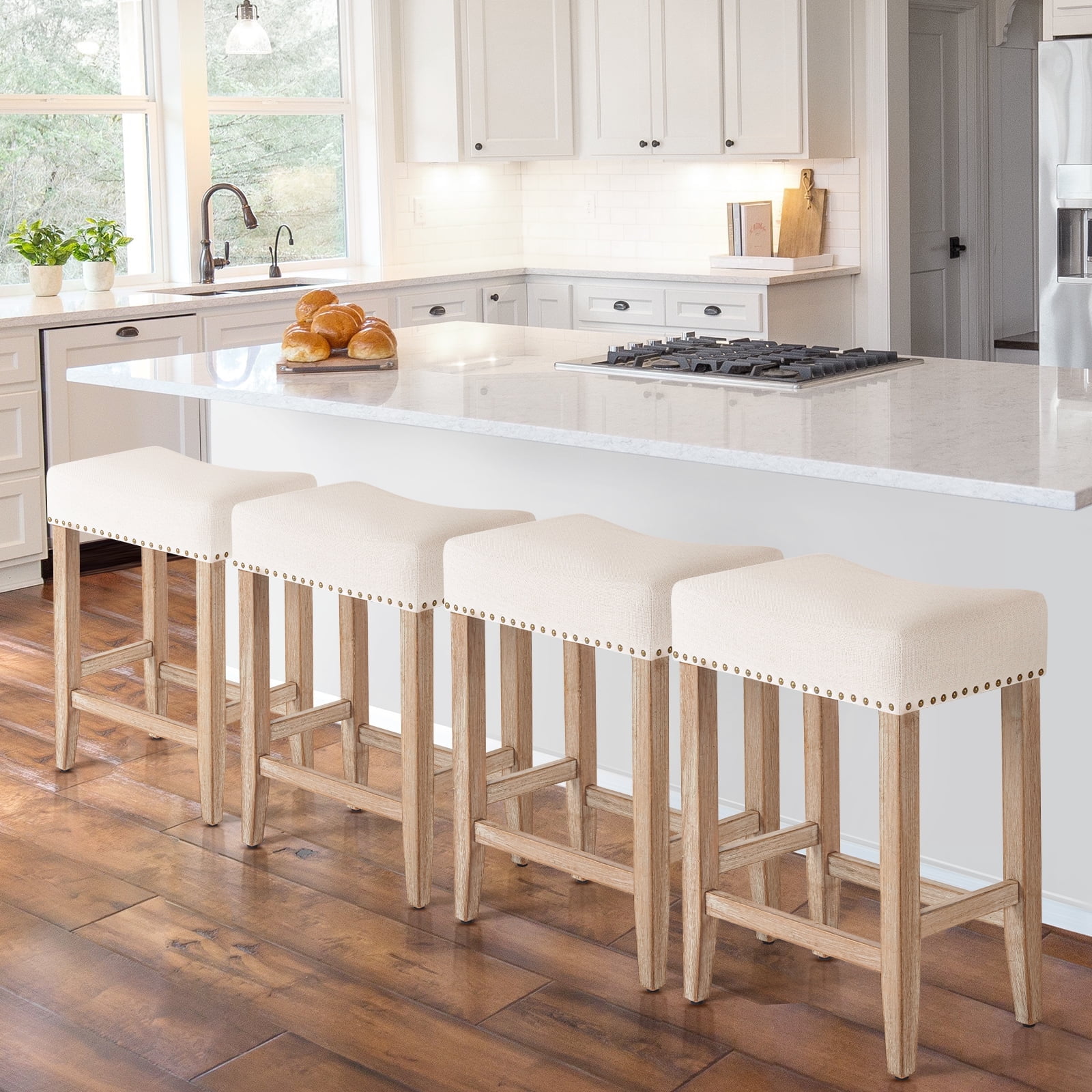 Beige Backless Saddle Wood Bar Stools, Set of 4