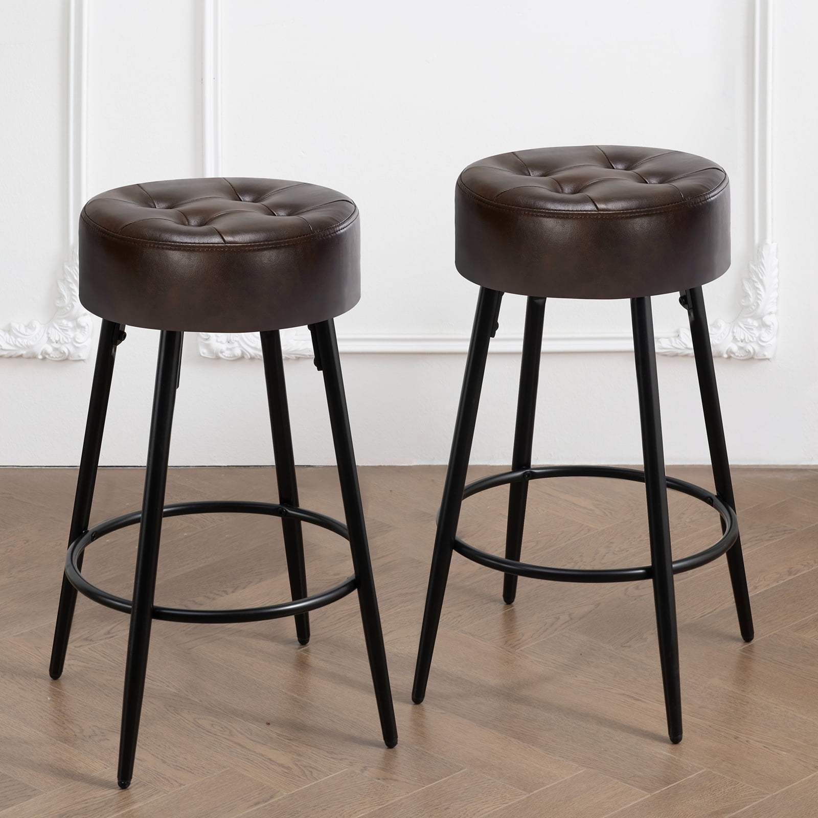 Furniliving 26” Leather Round Counter Height Bar Stools Set of 2 Upholstered Modern Barstools