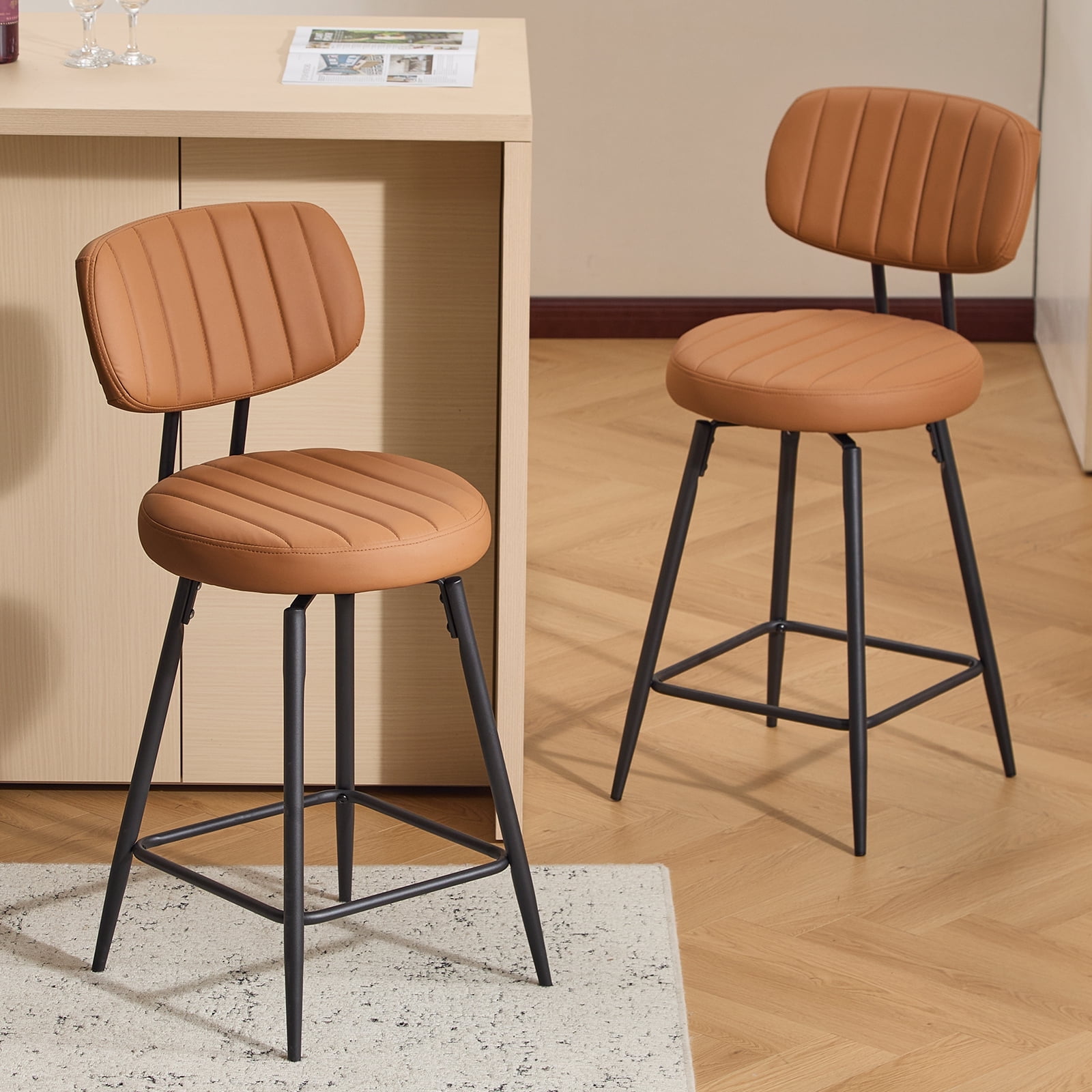 Furniliving 26" Modern Bar Stools Set of 2, Upholstered Swivel Counter Height Barstools with Back and Footrest, Adjustable Faux leather Barstool for Kitchen Island,Dining Room.Brown