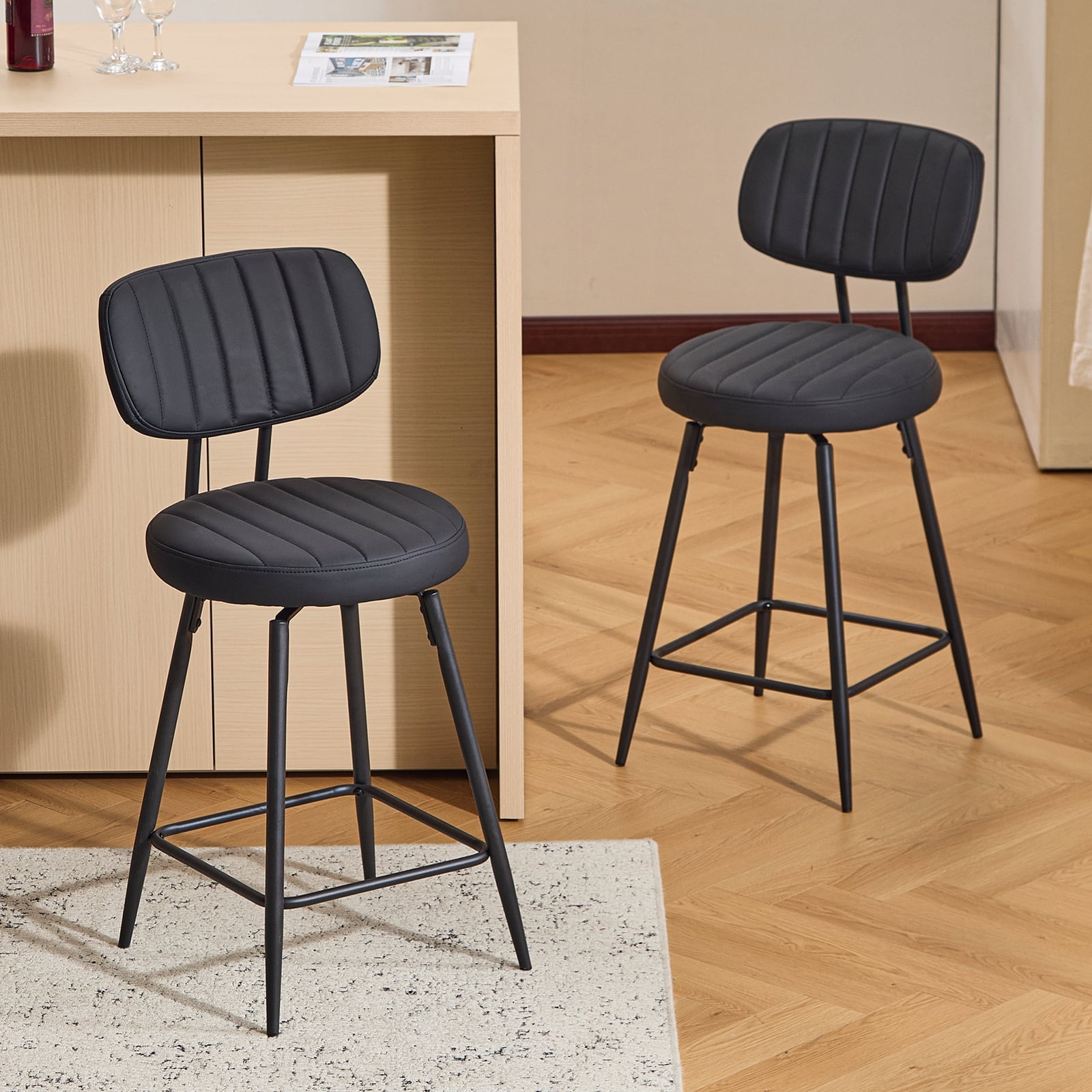 Furniliving 26" Modern Bar Stools Set of 2, Upholstered Swivel Counter Height Barstools with Back and Footrest, Adjustable Faux leather Barstool for Kitchen Island,Dining Room.Black